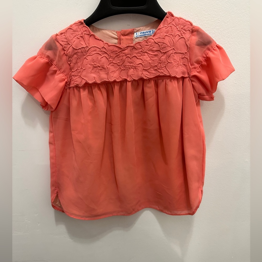 MAYORAL Girls Pink Layered Embroidered Short Sleeve Button Back Blouse - Size 4